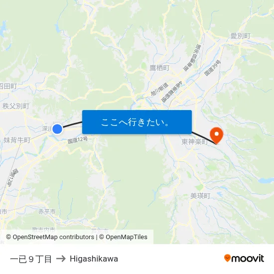 一已９丁目 to Higashikawa map