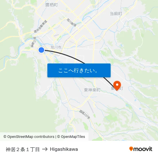 神居２条１丁目 to Higashikawa map