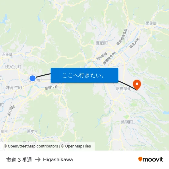 市道３番通 to Higashikawa map