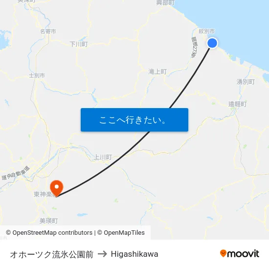 オホーツク流氷公園前 to Higashikawa map