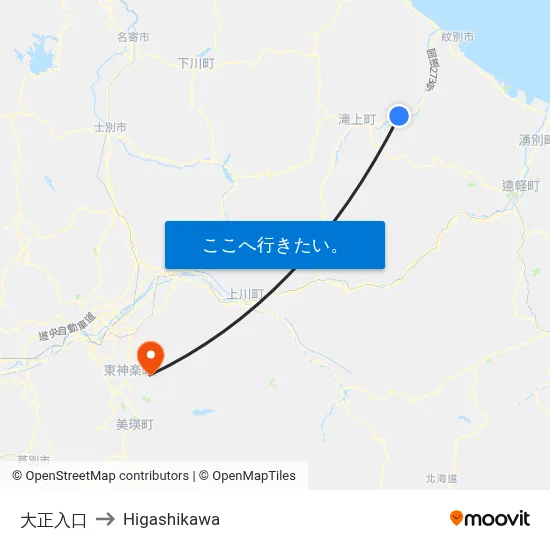 大正入口 to Higashikawa map