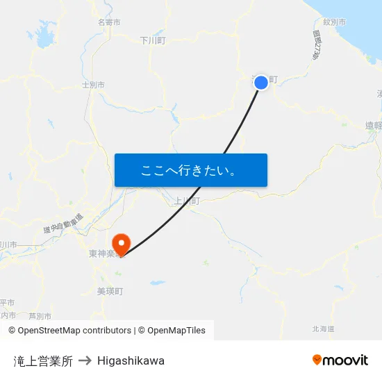 滝上営業所 to Higashikawa map