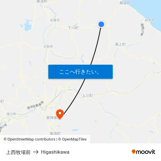 上西牧場前 to Higashikawa map