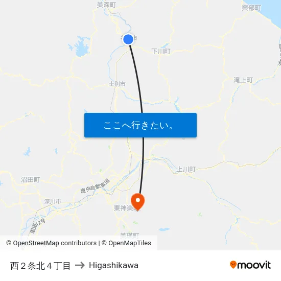西２条北４丁目 to Higashikawa map