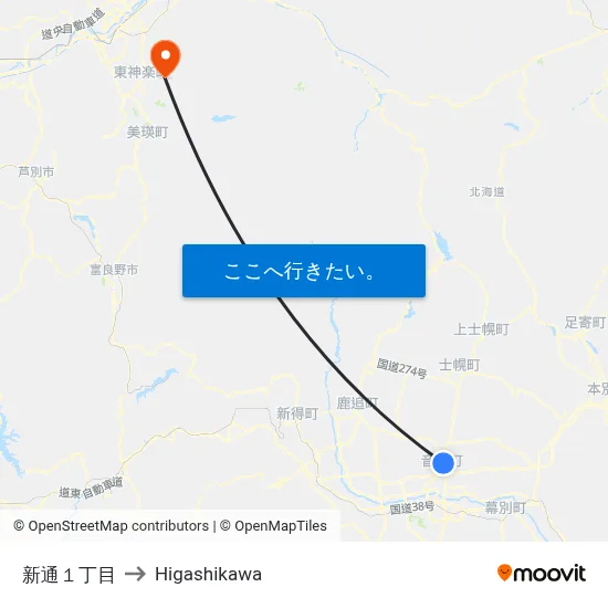 新通１丁目 to Higashikawa map