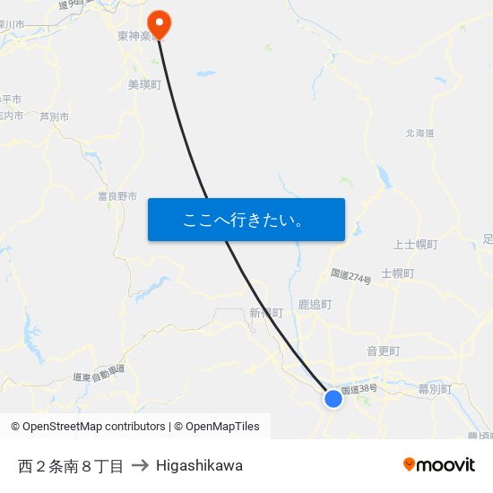 西２条南８丁目 to Higashikawa map