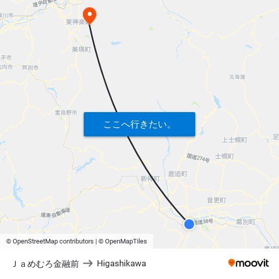 Ｊａめむろ金融前 to Higashikawa map