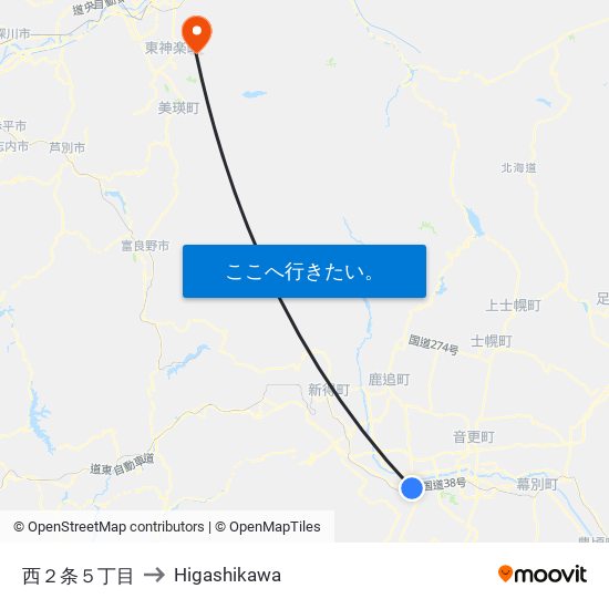 西２条５丁目 to Higashikawa map