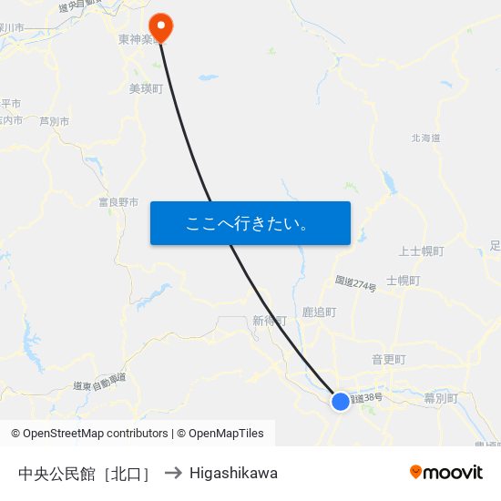 中央公民館［北口］ to Higashikawa map