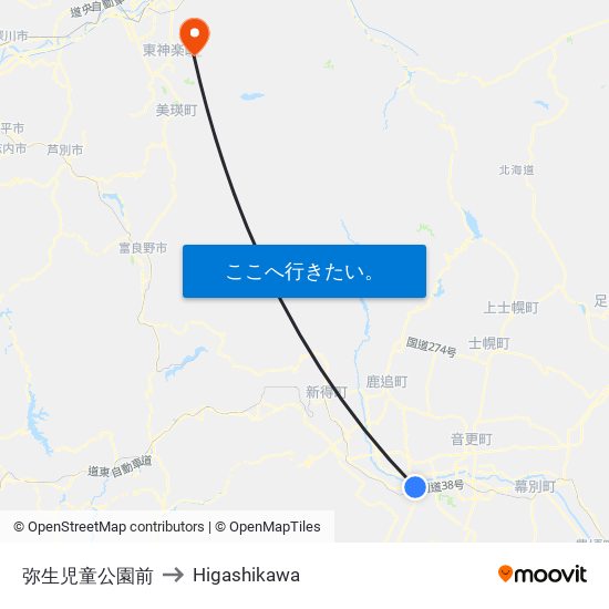 弥生児童公園前 to Higashikawa map