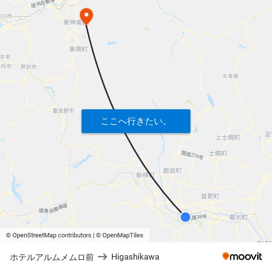 ホテルアルムメムロ前 to Higashikawa map