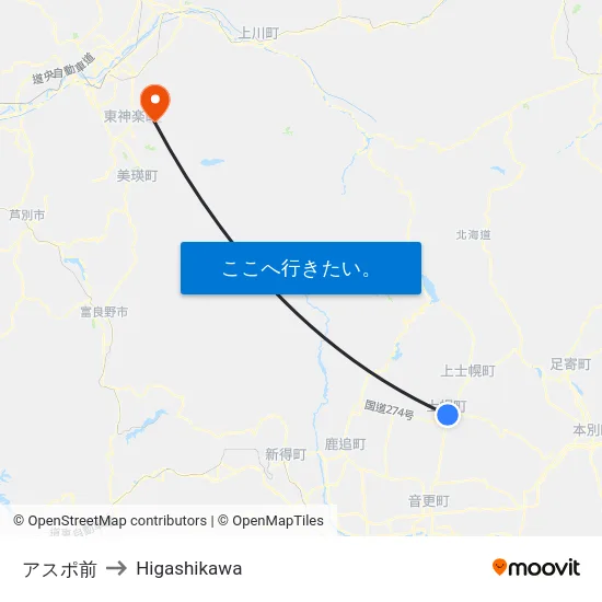 アスポ前 to Higashikawa map