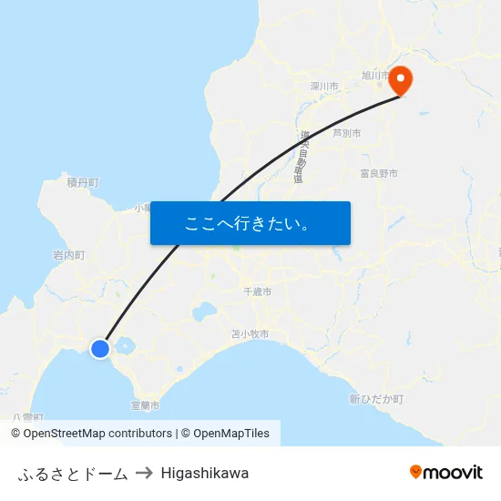 ふるさとドーム to Higashikawa map