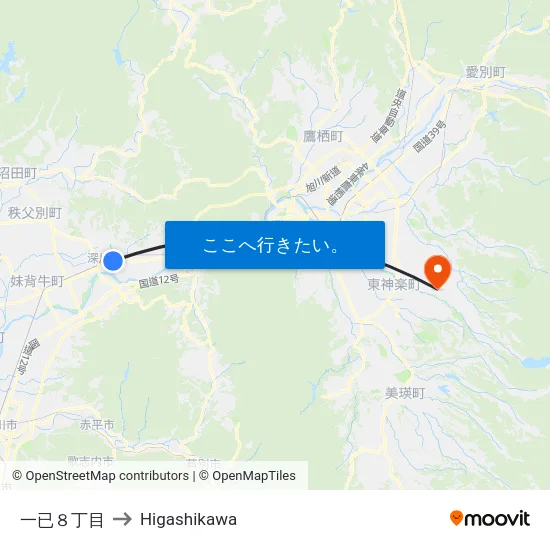 一已８丁目 to Higashikawa map