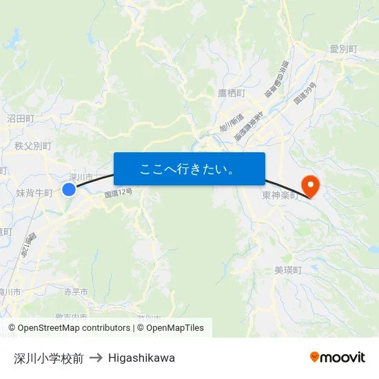 深川小学校前 to Higashikawa map