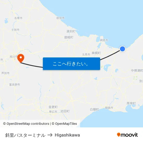 斜里バスターミナル to Higashikawa map