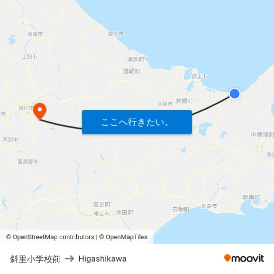 斜里小学校前 to Higashikawa map