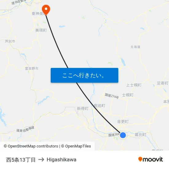 西5条13丁目 to Higashikawa map