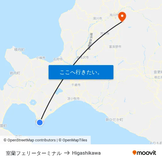 室蘭フェリーターミナル to Higashikawa map