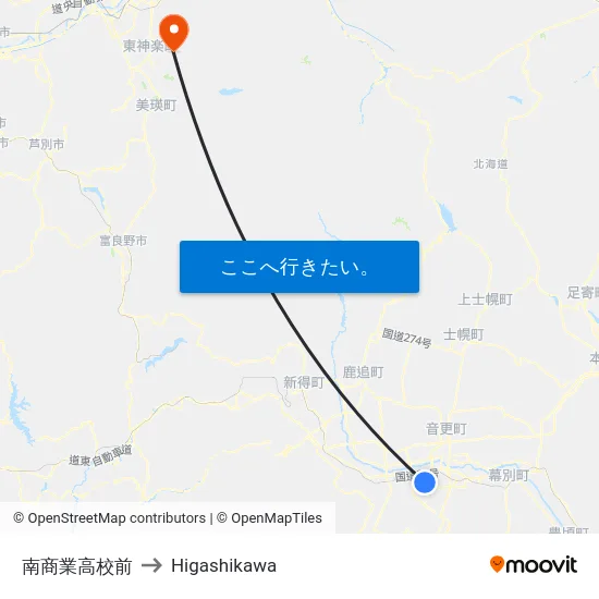 南商業高校前 to Higashikawa map