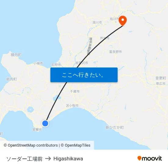 ソーダー工場前 to Higashikawa map