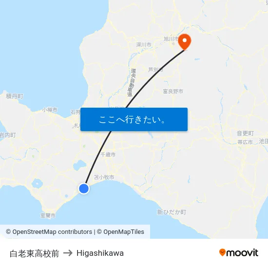 白老東高校前 to Higashikawa map