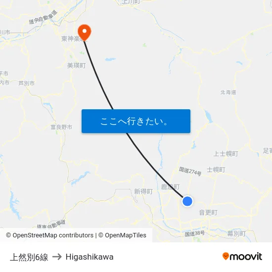 上然別6線 to Higashikawa map