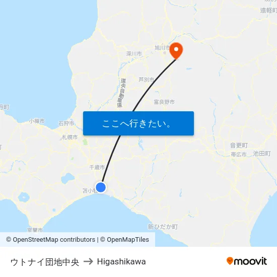 ウトナイ団地中央 to Higashikawa map