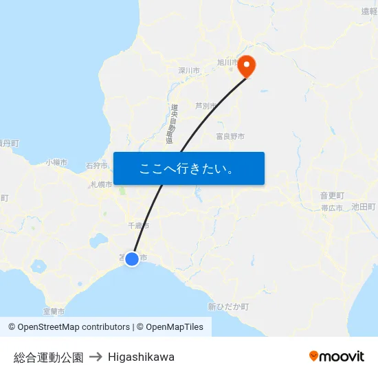 総合運動公園 to Higashikawa map