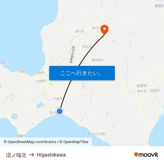 沼ノ端北 to Higashikawa map