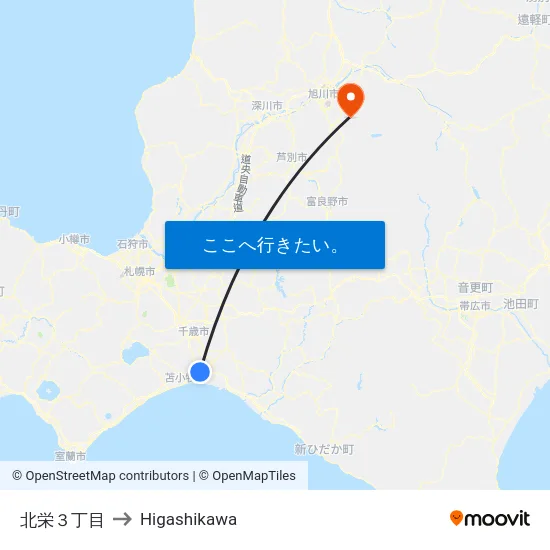 北栄３丁目 to Higashikawa map