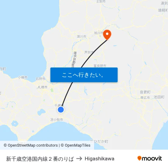 新千歳空港国内線２番のりば to Higashikawa map