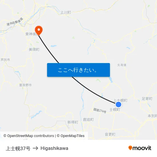 上士幌37号 to Higashikawa map