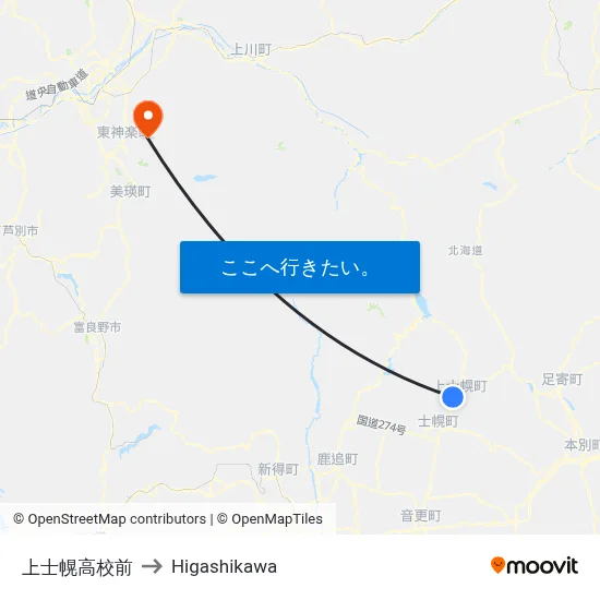上士幌高校前 to Higashikawa map