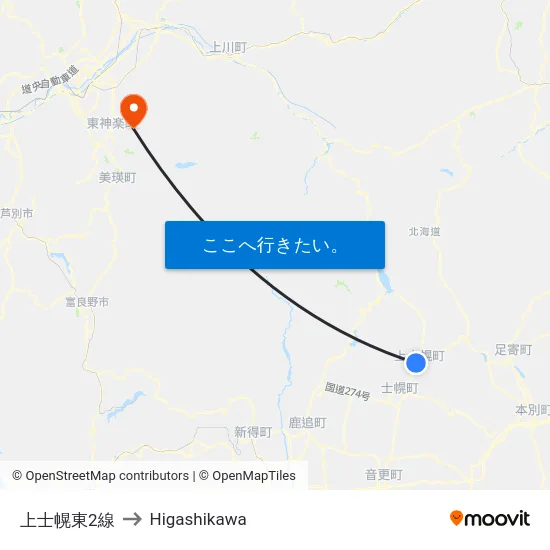 上士幌東2線 to Higashikawa map