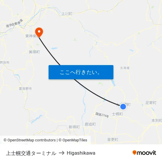 上士幌交通ターミナル to Higashikawa map