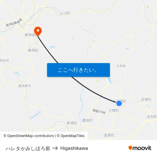 ハレタかみしほろ前 to Higashikawa map