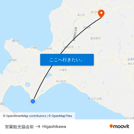 室蘭観光協会前 to Higashikawa map