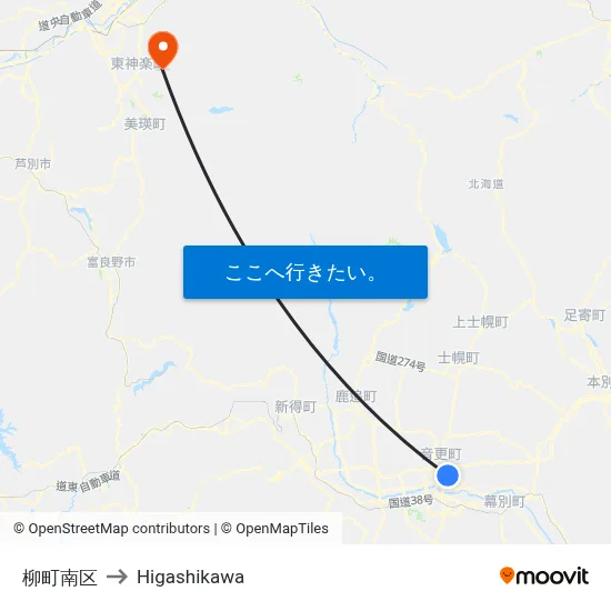 柳町南区 to Higashikawa map