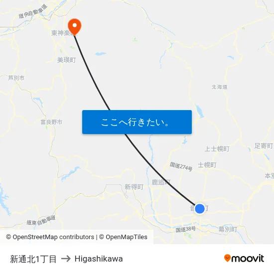 新通北1丁目 to Higashikawa map