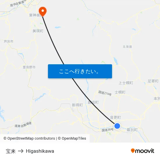 宝来 to Higashikawa map