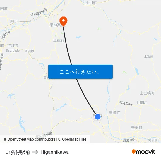 Jr新得駅前 to Higashikawa map