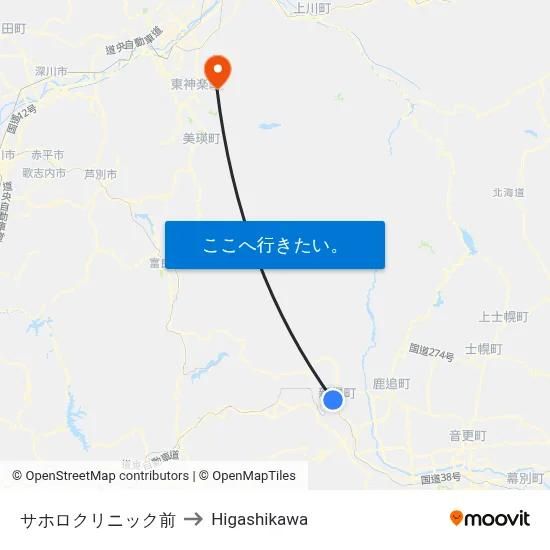 サホロクリニック前 to Higashikawa map