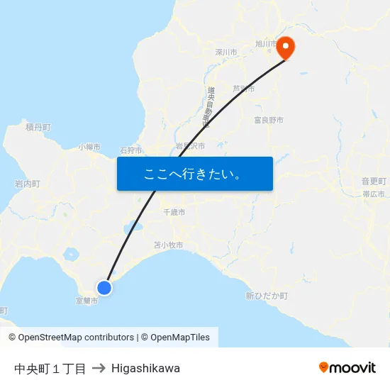 中央町１丁目 to Higashikawa map