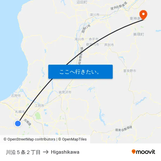 川沿５条２丁目 to Higashikawa map
