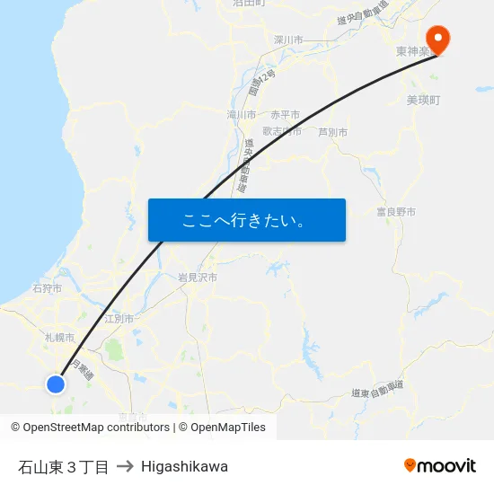 石山東３丁目 to Higashikawa map