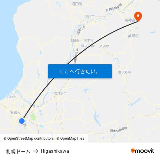 札幌ドーム to Higashikawa map