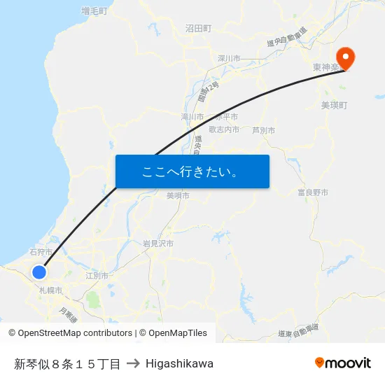 新琴似８条１５丁目 to Higashikawa map