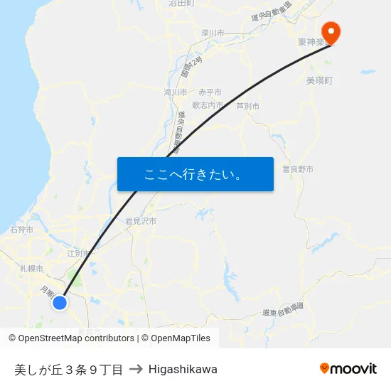美しが丘３条９丁目 to Higashikawa map