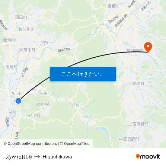 あかね団地 to Higashikawa map